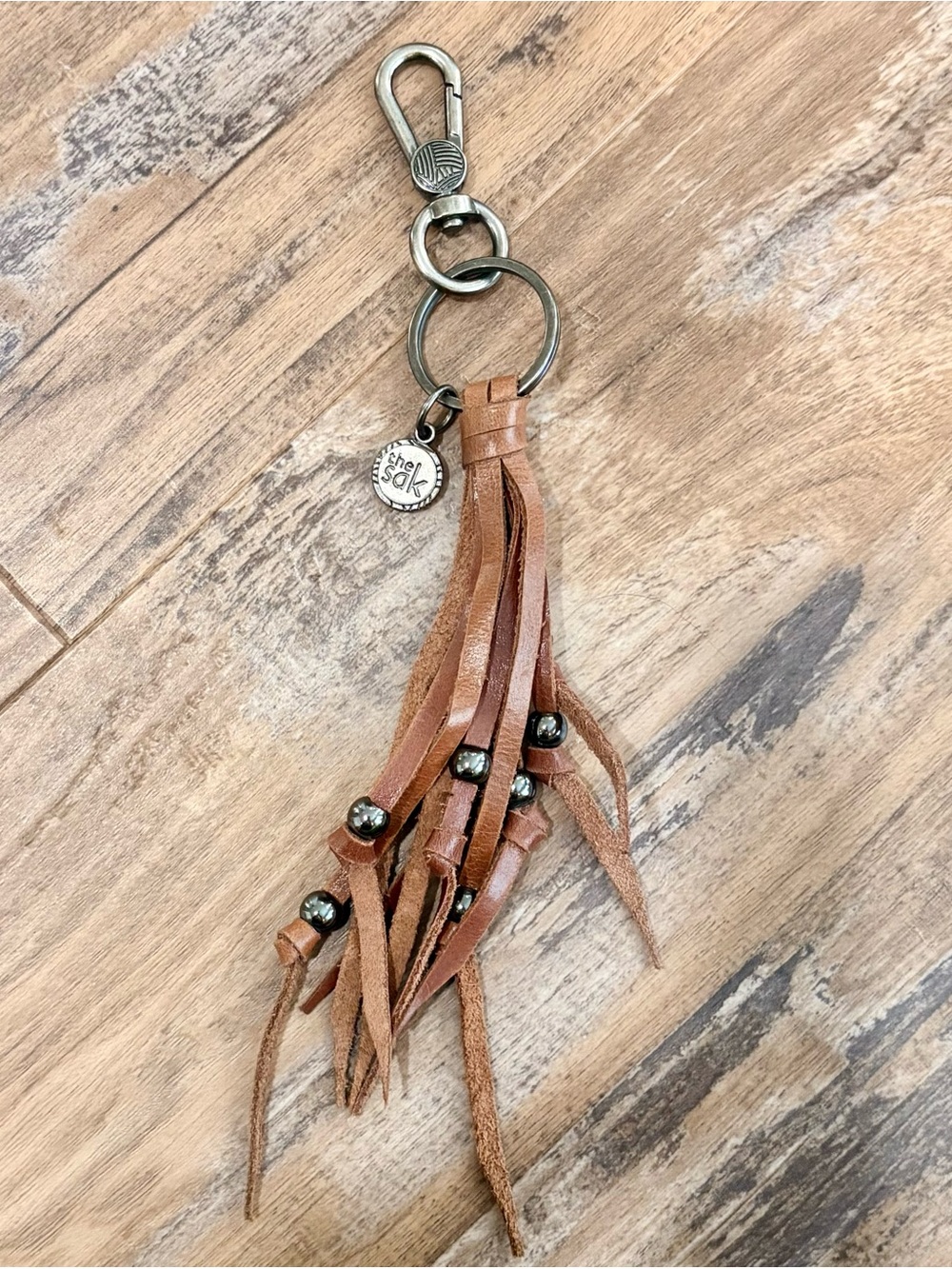 The Sak Purse Charm Brown Leather Tassel Bead Silver Replacement Fob Keychain